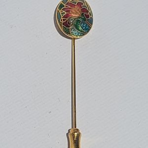 Vintage Red Green Cloisonne Floral Enamel Gold Plated Hat Lapel Stick Brooch Pin